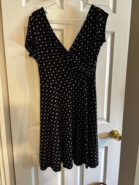 Kaileigh Navy blue Midi Dress with Cream Floral Dot Print